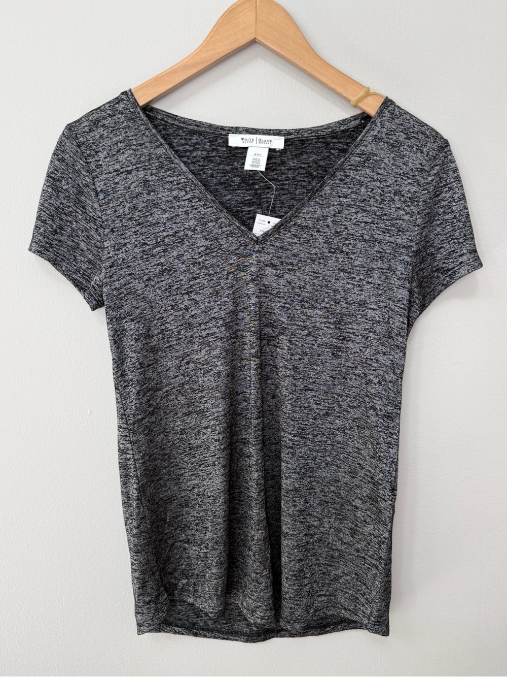 White House Black Market Black and Silver Heather V-Neck Short Sleeve Tee